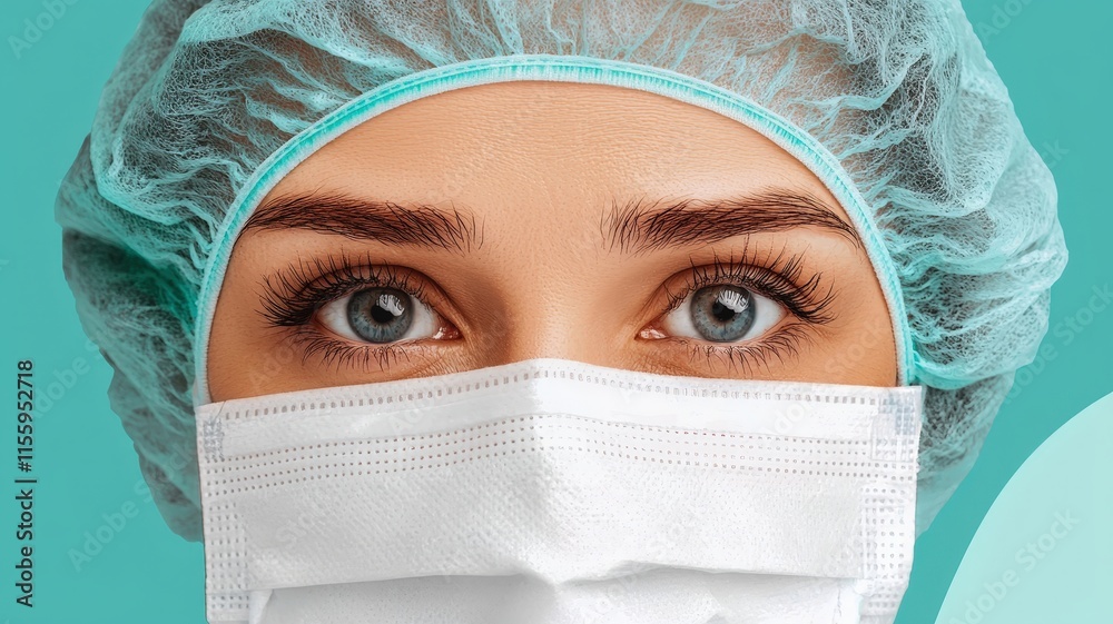 A close-up of a person wearing a surgical mask and a hairnet, focusing on their expressive blue eyes, conveying professionalism and care in a healthcare setting. A close-up of a person wearing a surgical mask and a hairnet, focusing on their expressive blue eyes, conveying professionalism and care in a healthcare setting.