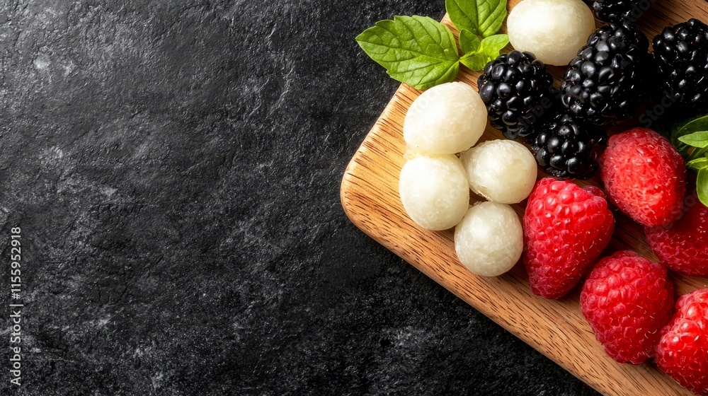A wooden cutting board topped with fresh berries and mozzarella A wooden cutting board topped with fresh berries and mozzarella