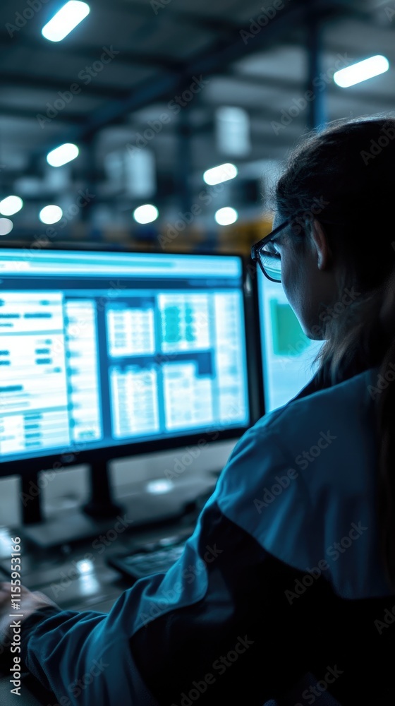 A person working on a computer in an industrial setting, analyzing data on screens. A person working on a computer in an industrial setting, analyzing data on screens.
