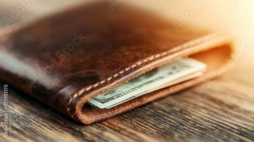 A brown leather wallet with a dollar bill sticking out of it