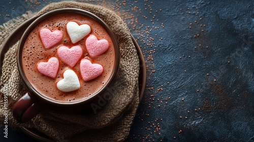 Heart-shaped marshmallows atop cozy cup of hot chocolate with chocolate piece...