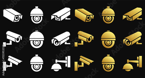 Modern CCTV surveillance icons in black and gold.
