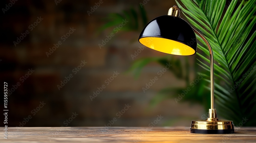 A black and gold lamp sitting on top of a wooden table A black and gold lamp sitting on top of a wooden table