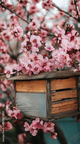 Colorful birdhouse nestled among blooming cherry blossom trees in early spring