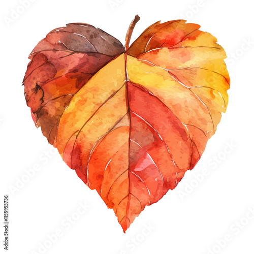 A watercolor illustration of a fall leaf in the shape of a heart, isolated on a white background. Fall leaf vector.
