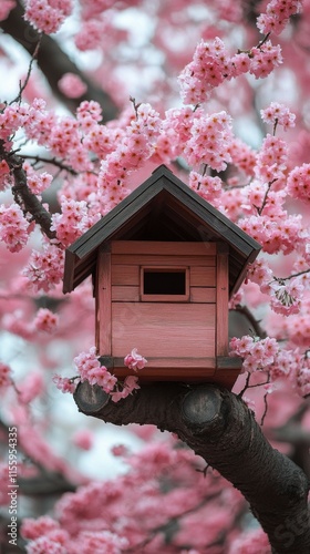 Colorful birdhouse nestled among blooming cherry blossom trees in early spring