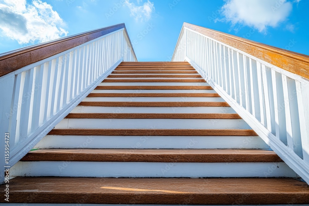 Stairs leading to a bright sky with fluffy clouds in an outdoor setting Stairs leading to a bright sky with fluffy clouds in an outdoor setting