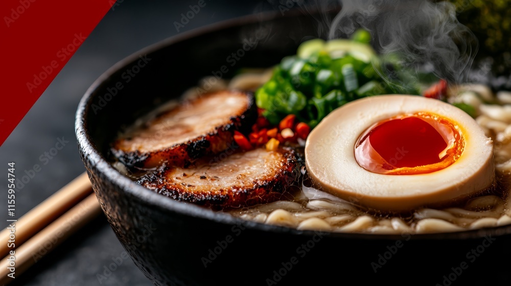 Fototapeta premium A bowl of ramen with a hard boiled egg in it