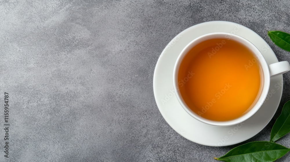 A cup of tea with green leaves on a gray background A cup of tea with green leaves on a gray background