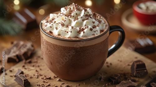 Warm cup of chocolate beverage topped with whipped cream and chocolate shavin...