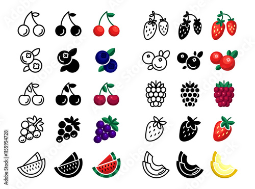 Berry and fruits icon set. Summer pictogram. Strawberry and raspberry sign. Melon and watermelon symbol. Blueberry and grape illustration.