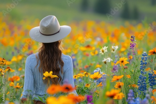 Woman in a wide-brimmed hat enjoys a vibrant wildflower field during sunny sp...