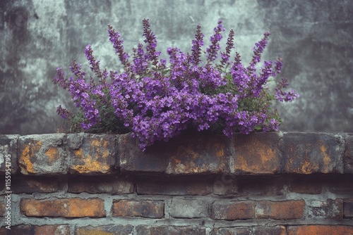 Vibrant purple flowers blooming on a brick wall during daylight