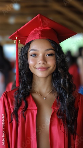 Bright smile of a graduate in red cap and gown celebrating achievement outdoors