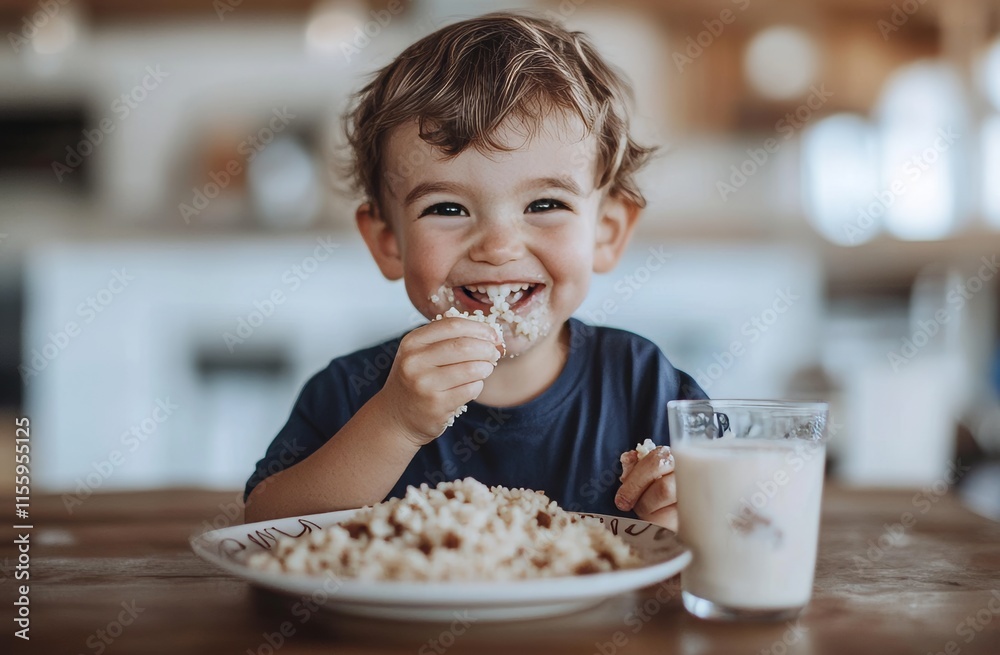 The kitchen buzzes with joy as a beautiful baby plays with a spoon while consuming rice. The kitchen buzzes with joy as a beautiful baby plays with a spoon while consuming rice.
