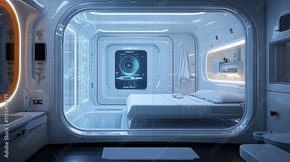 Fototapeta premium Futuristic minimalist bedroom with integrated tech.