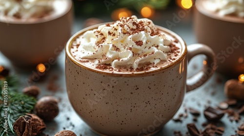 Warm cup of chocolate beverage topped with whipped cream and chocolate shavin...