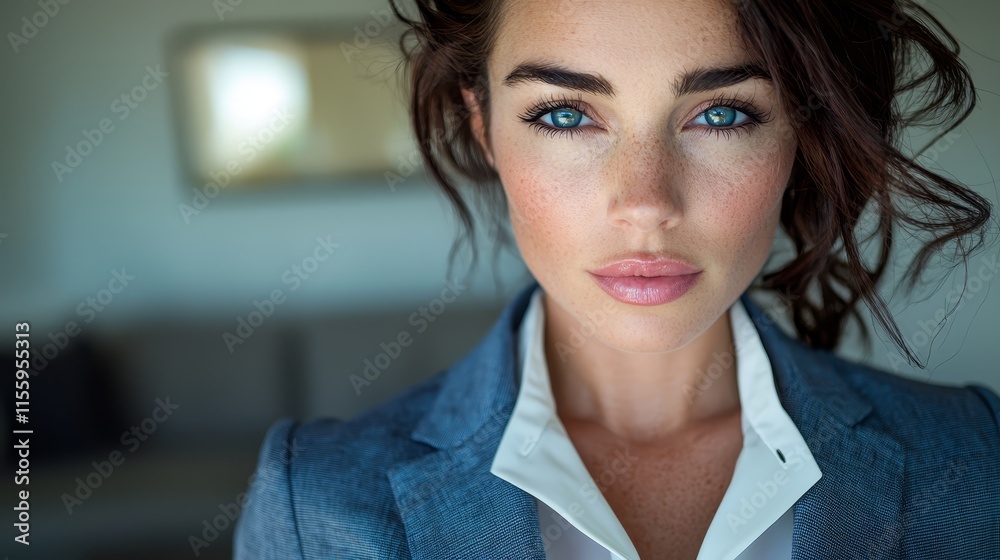 A woman with blue eyes wearing a suit and white shirt A woman with blue eyes wearing a suit and white shirt