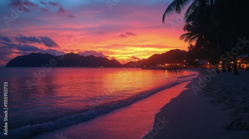 Beautiful sunset over calm beach with vibrant colors and palm trees in background