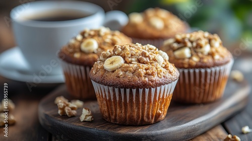 Delicious banana muffins topped with walnuts and sliced bananas beside a cup ...