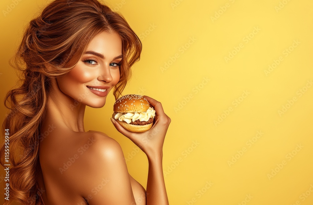 Happy and hungry, a woman screams and laughs as she clutches a giant barbecue burger sandwich, her mouth agape against a yellow background. Happy and hungry, a woman screams and laughs as she clutches a giant barbecue burger sandwich, her mouth agape against a yellow background.