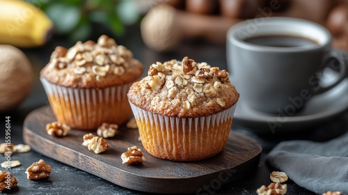 Delicious banana muffins topped with walnuts and sliced bananas beside a cup ...