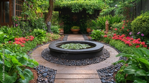 Tranquil garden pathway surrounded by vibrant flowers and lush greenery in th...