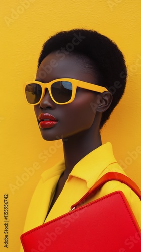 Stylish model poses against vibrant red background wearing yellow sunglasses ...