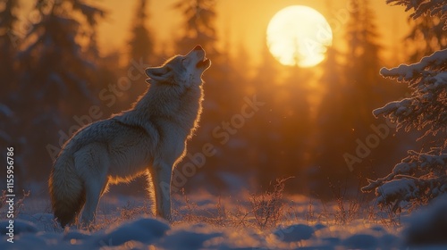 Wolf howling at a bright full moon in a dense forest at twilight