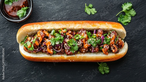 Asian street food-inspired sandwich with fresh herbs and spicy dressing on dark slate background photo