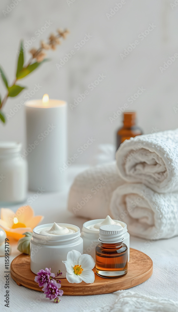 Spa still life with creams, essential oils, towels on light background. Healthy lifestyle, body care, Spa treatment, dreamy atmosphere, with white tones Spa still life with creams, essential oils, towels on light background. Healthy lifestyle, body care, Spa treatment, dreamy atmosphere, with white tones