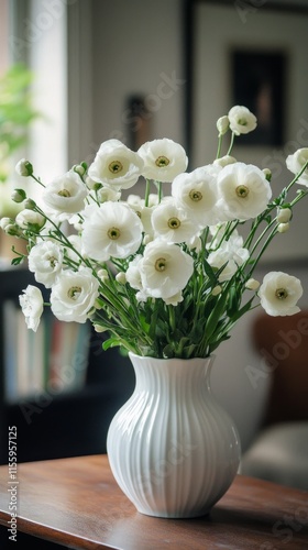 Elegant floral arrangement in modern dining area with natural light during da...