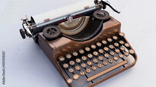 A detailed model of a vintage typewriter with metallic keys and a classic design isolated on a white background --no shadows photo