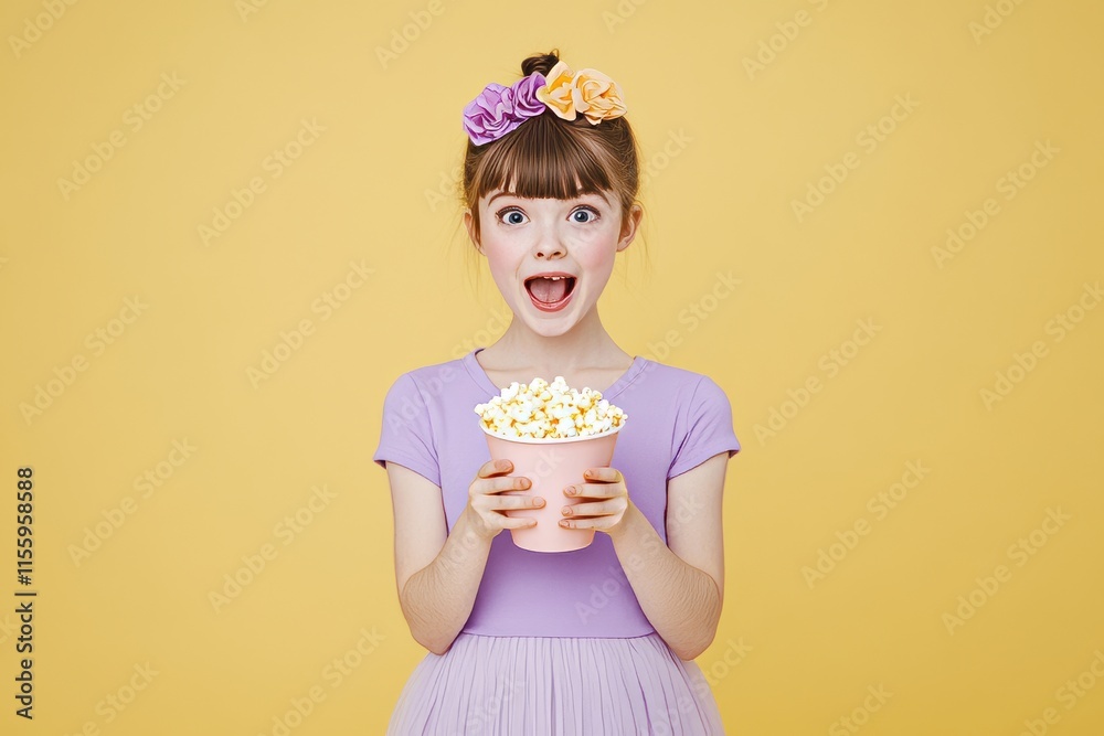 A thrilled and energetic girl devours a large box of popcorn as she views an amazing funky show, with popcorn flying, wearing a checkered jumper, surrounded by a bright, shiny color scene. A thrilled and energetic girl devours a large box of popcorn as she views an amazing funky show, with popcorn flying, wearing a checkered jumper, surrounded by a bright, shiny color scene.