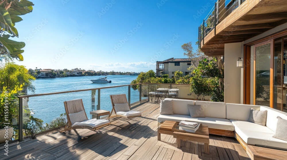 Luxury Waterfront Deck: Relaxing on a private balcony overlooking a tranquil waterway, a perfect blend of modern comfort and scenic beauty. Luxury Waterfront Deck: Relaxing on a private balcony overlooking a tranquil waterway, a perfect blend of modern comfort and scenic beauty.