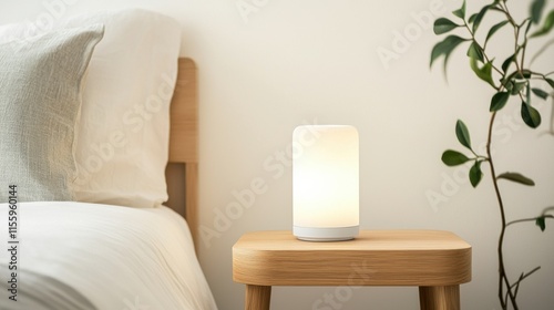 Cozy bedroom decor with modern white lamp on wooden nightstand for minimalist design inspiration