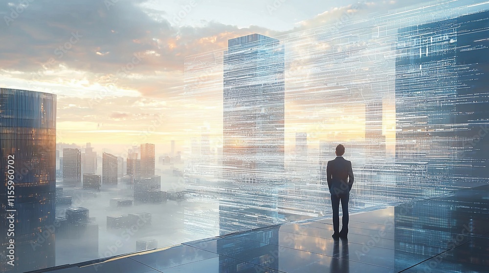 Businessman overlooking futuristic cityscape with digital data streams.