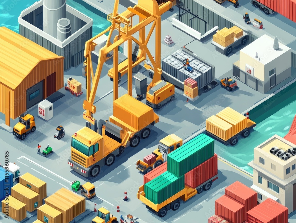 A busy industrial port scene with cranes, trucks, and containers being loaded and unloaded. A busy industrial port scene with cranes, trucks, and containers being loaded and unloaded.