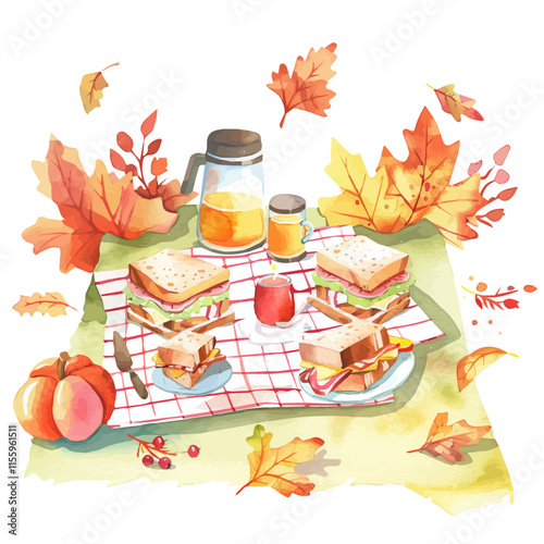 A watercolor drawing of a fall picnic with sandwiches and hot cider surrounded by autumn leaves, isolated on a white background. Fall picnic vector.
