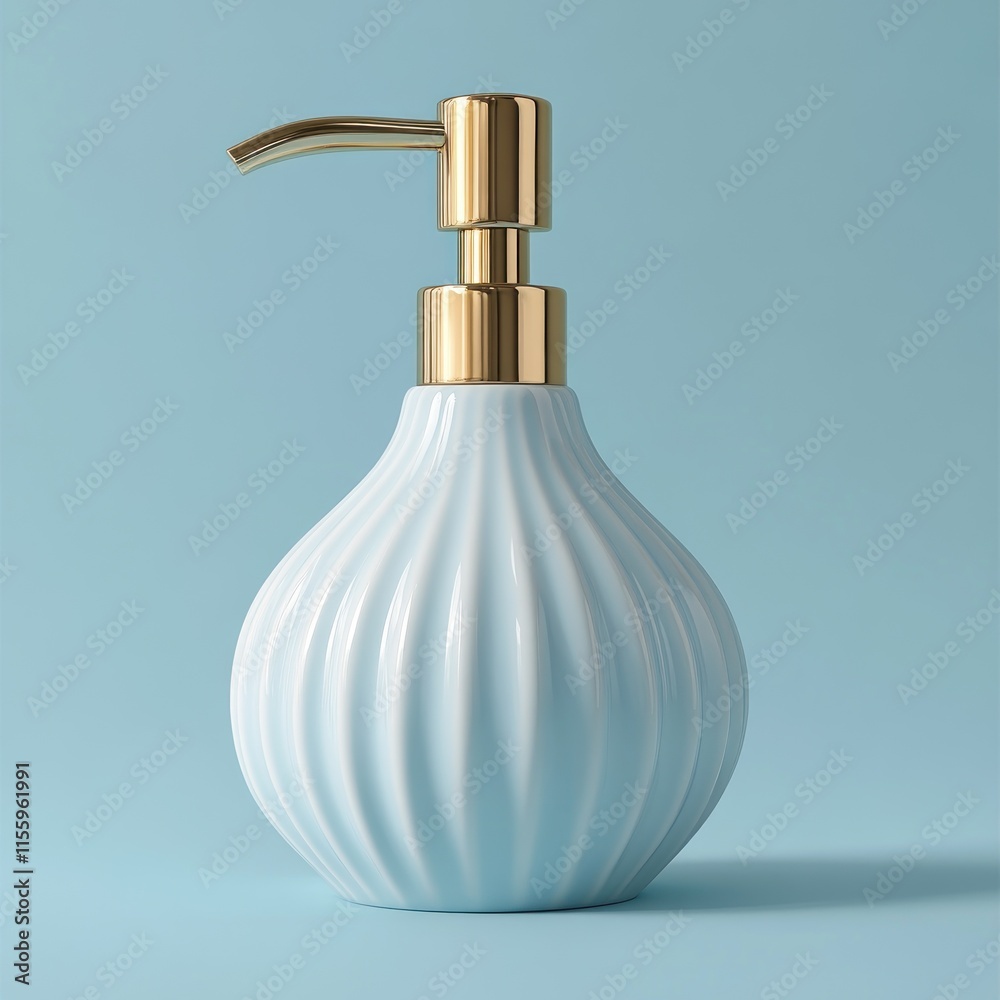Obraz premium Elegant light blue ceramic soap dispenser with gold pump on a light blue background.