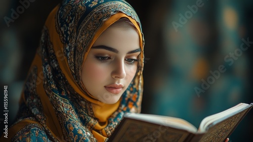 Young woman reading a book while wearing a colorful scarf in a tranquil indoo...