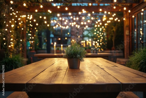 Romantic outdoor dining setup with string lights and a potted plant in the ev...