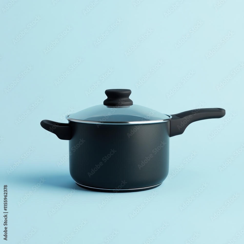 Black saucepan with glass lid on light blue background. Black saucepan with glass lid on light blue background.
