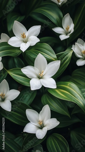 White flowers blooming among lush green leaves in a vibrant garden setting