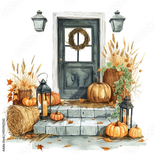 A watercolor vector of a fall porch decorated with hay bales and pumpkins, isolated on a white background. Fall porch vector.
