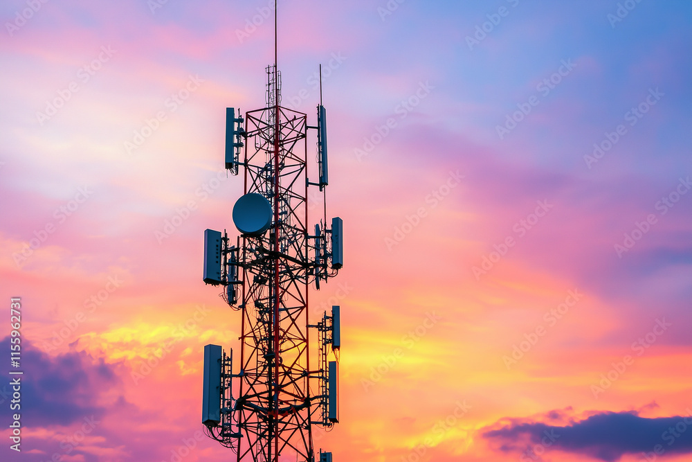 Telecom Tower Silhouetted Against Twilight Evening Sky Telecom Tower Silhouetted Against Twilight Evening Sky