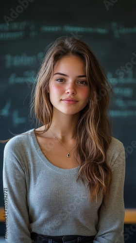 Young woman with natural beauty poses in front of a chalkboard in a cozy indo...