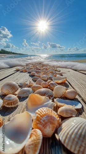 Beautiful seashells along wooden pier under bright blue sky with sun in the d...