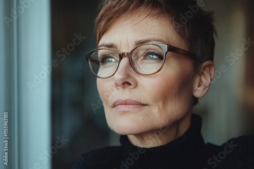 Elderly woman in glasses gazing thoughtfully at plants in a cozy indoor space