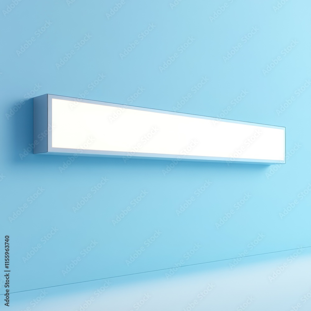 Bright rectangular LED lightbox on blue wall.